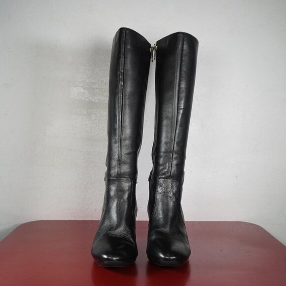 Women's Anne Klein Black Leather Knee High Heel Long Fashion Boots 7 - Picture 2 of 10